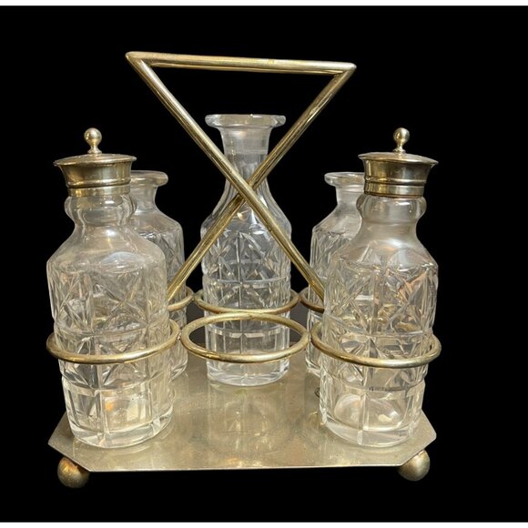 Karanti Other - Antique KARANTI Nickel Silver Glass Bottles Salt Pepper 5pc Cruet Set SIGNED